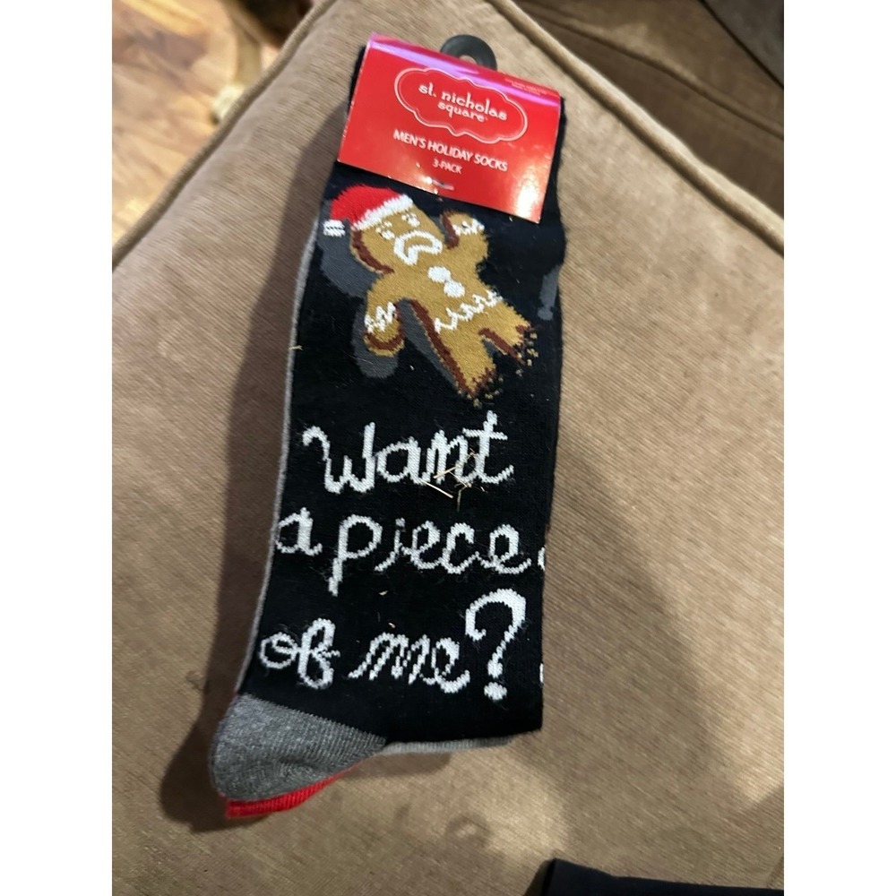 St. Nicholas Square Holiday Socks Mens 3-Pack Black Gingerbread NWT Novelty Crew